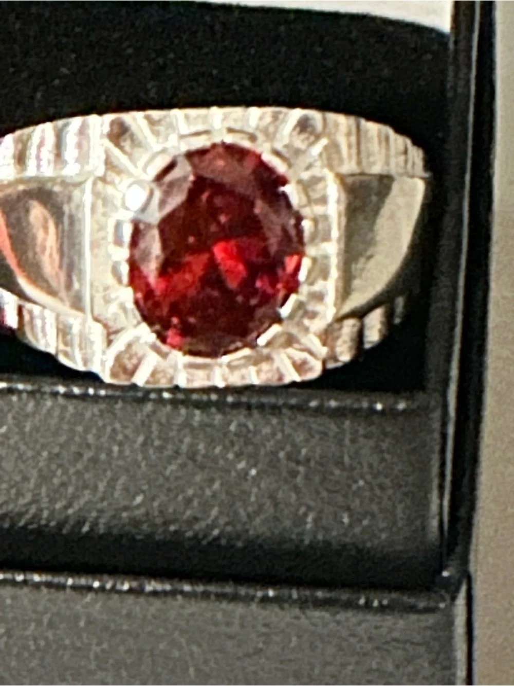 Men's Silver Ring with Deep Red Oval Stone